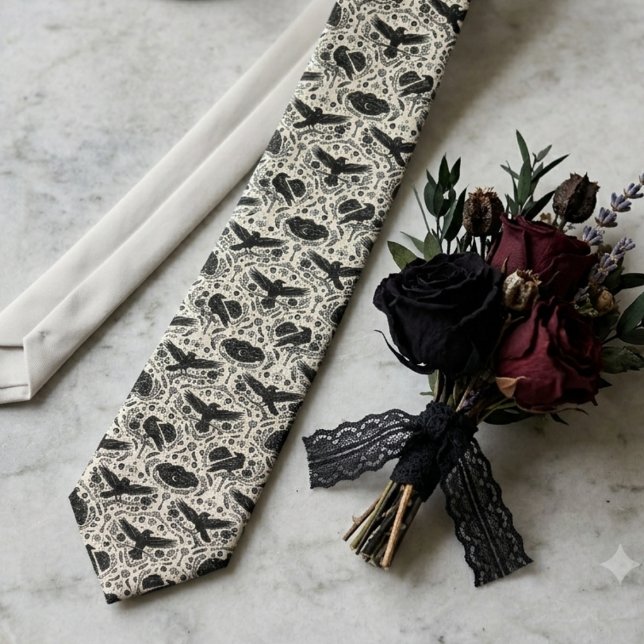 Gravata Impressão de Corvo Gótico Dark Academia (A raven damask necktie to complete a groom's elegant gothic wedding look.)