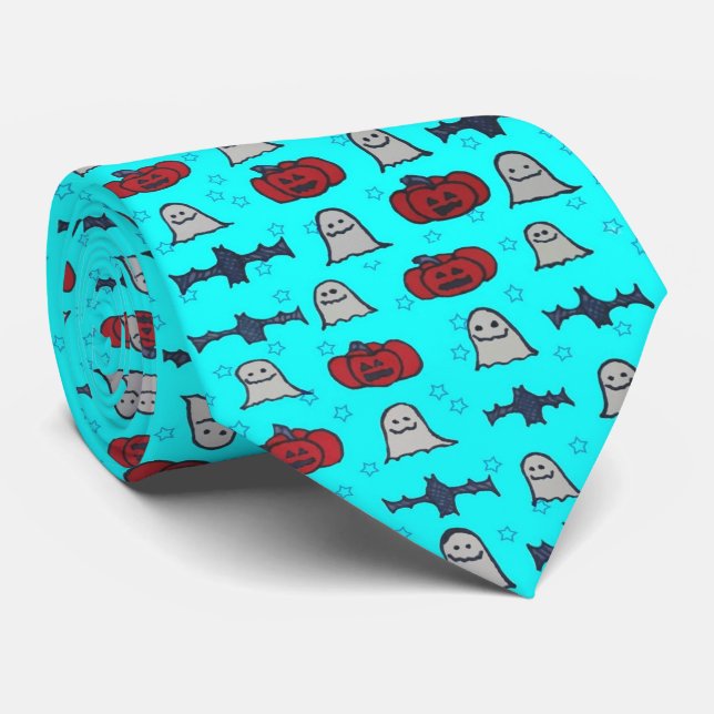 Gravata Impressão de Dia das Bruxas de Diversão Azul (Rolled)