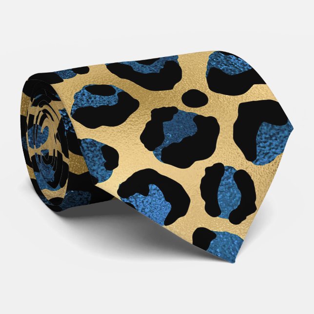 Gravata Impressão de leopardo dourado e azul (Rolled)