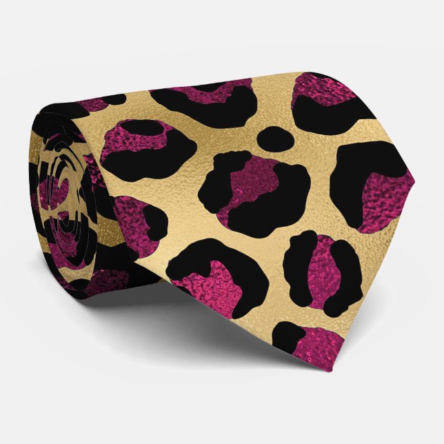 Gravata Impressão de leopardo dourado e burgundy (Rolled)