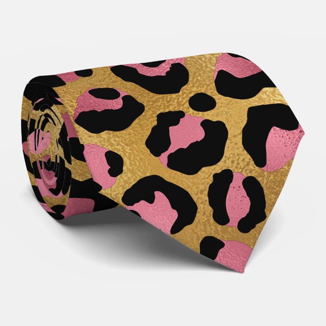 Gravata Impressão de leopardo dourado e rosa (Rolled)