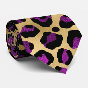 Gravata Impressão de leopardo dourado e roxo