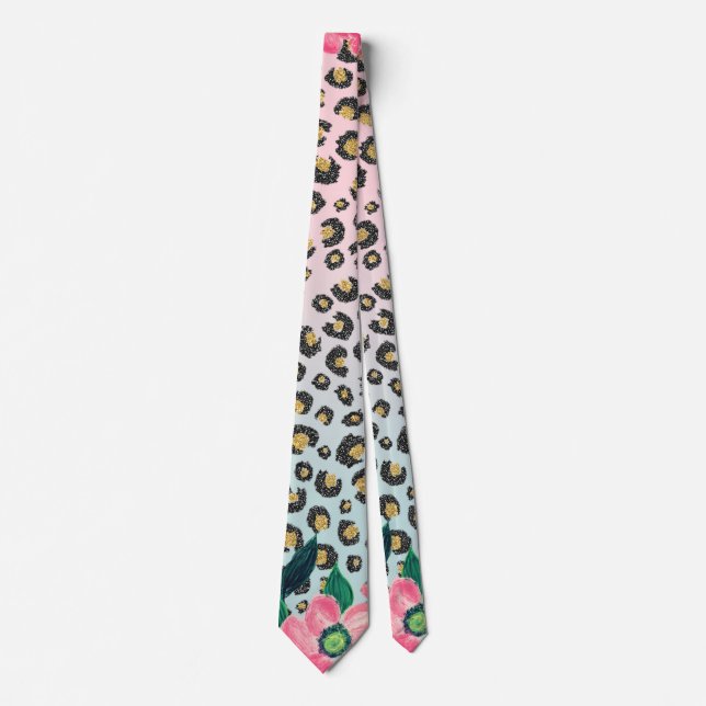 Gravata Impressão de Leopardo Floral de Ombre Rosa Girasso (Frente)