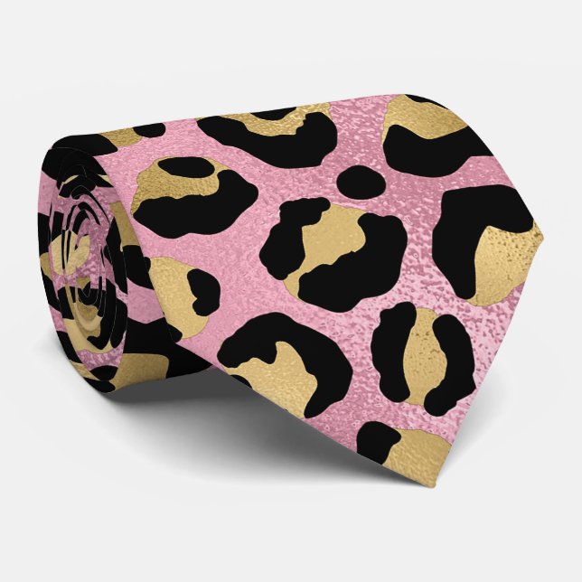 Gravata Impressão de leopardo rosa e dourado (Rolled)