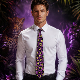 Gravata Impressão de leopardo roxo e dourado