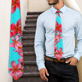 Gravata Impressão de Plumeria Havaiana Rosa e Aqua