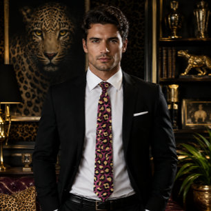 Gravata Impressão em Leopardo Burgundy e Dourado