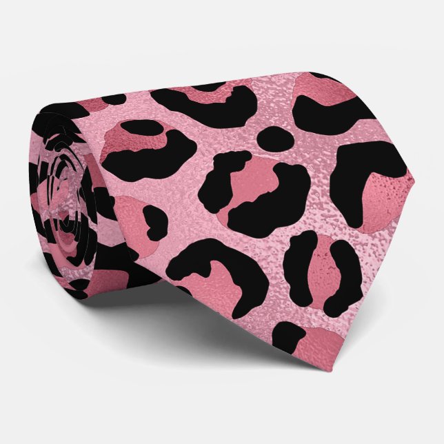 Gravata Impressão em Leopardo Metálico Rosa (Rolled)