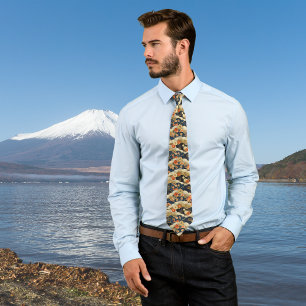 Gravata Impressão floral japonês em laranja creme n negro