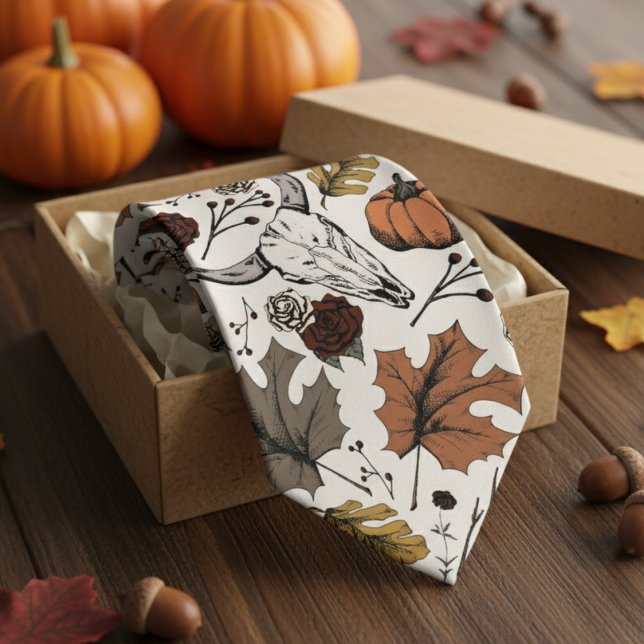 Gravata Ivory Western Bull Skull Country (Modern Ivory Thanksgiving Foliage Mens Tie. Fall Harvest, Cow Skull, Leaves Autumn Colors Pattern.)