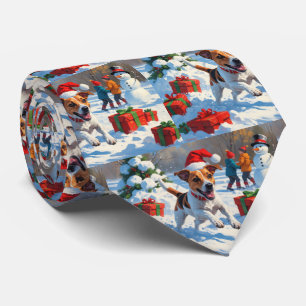 Gravata Jack Russell Correndo na Neve com Chapéu de Natal