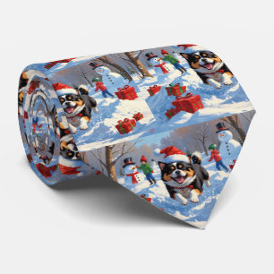 Gravata Japanese Chin Correndo na Neve com Chapéu de Natal