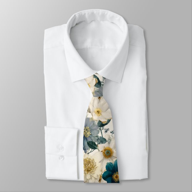 Gravata Jardim de Campo Inglês Azul e Floral Creme  (Amarrado)