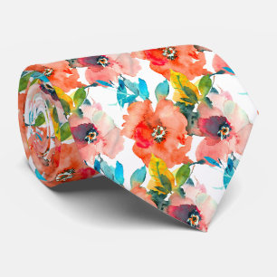 Gravata Jardim de Rosas em Aquarela Coral Laranja Folhagem