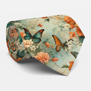 Gravata Jardim Floral Laranja Borboleta Verde-azulado Vint