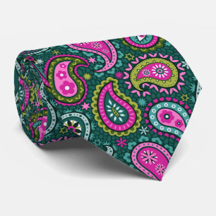 Gravata Joia verde, brilhante, cor-de-rosa, bolho paisley