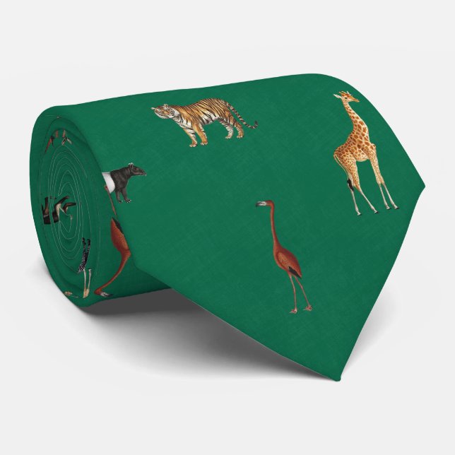 Gravata Jungle Safari Animals Pattern Kelly Green Neck Tie (Rolled)