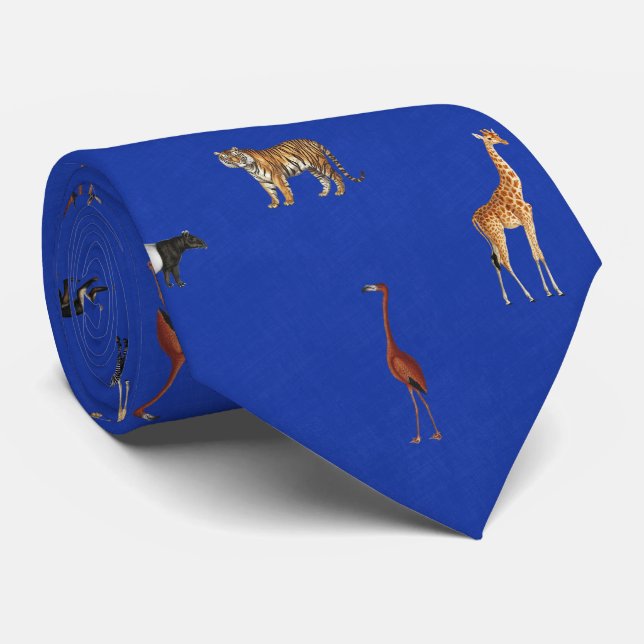 Gravata Jungle Safari Animals Pattern Royal Blue Neck Tie (Rolled)