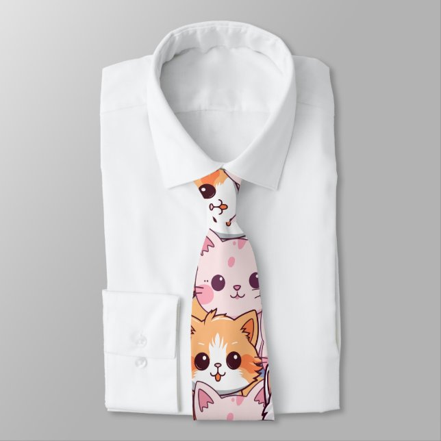 Gravata Kawaii Cat feline Kitten rosto rabisco impressão (Amarrado)