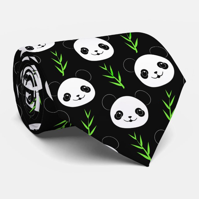Gravata Kawaii Panda Pattern Bamboo Em Verde Branco Negro (Rolled)
