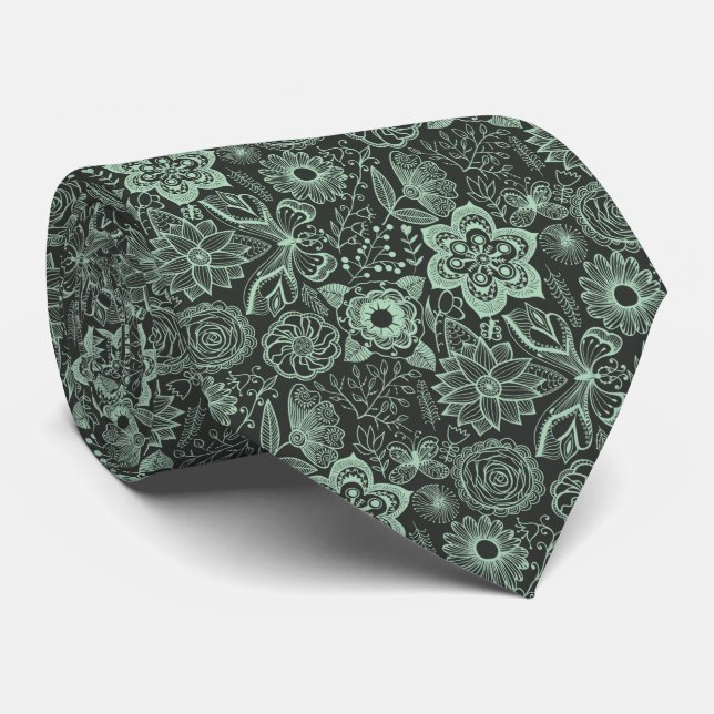 Gravata Lace Floral Retro Verde e Preto Elegante (Rolled)