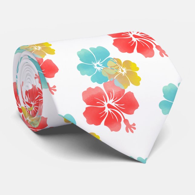 Gravata Laranja/Aqua/Hibisco Amarelo/Floral Havaiano (Rolled)