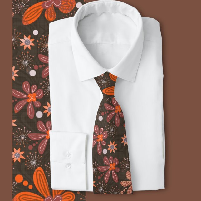 Gravata Laranja castanho-do-jardim dos anos 70 (70s inspired floral tie)
