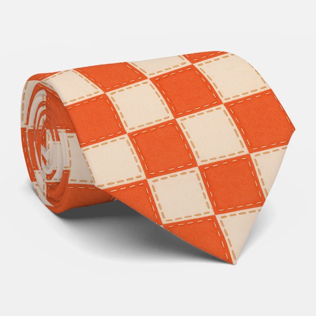 Gravata Laranja e Creme Xadrez (Rolled)