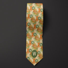 Gravata Laranja Queimada, Monograma Floral Abstrato Verde