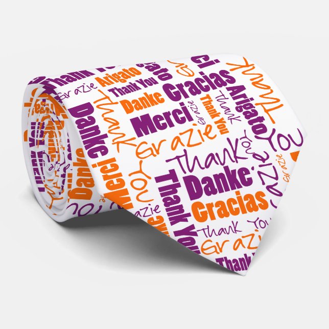 Gravata Laranja Roxo Multilíngue Obrigado Tipografia (Rolled)