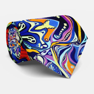 Gravata Laranja Vibrante e Azul Psicodélico Abstrato