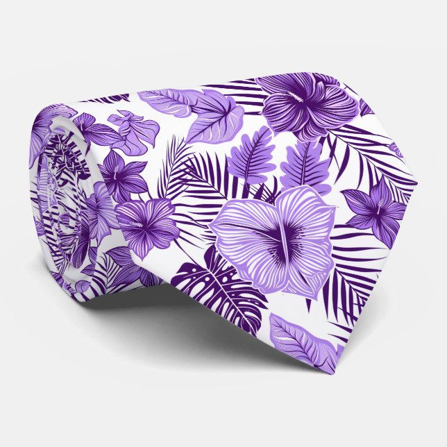 Gravata Legal floral branco roxo tropical (Rolled)
