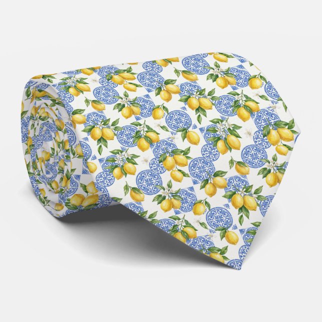 Gravata Lemons Blue White Tile Mediterranean Wedding Groom (Rolled)