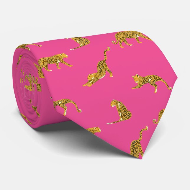 Gravata Leopardo Dourado Rosa Quente (Rolled)