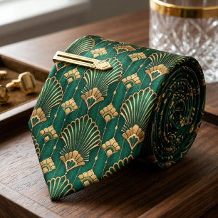 Gravata Leque Art Déco Elegante Verde Esmeralda e Dourado