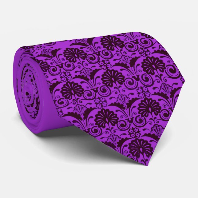 Gravata leque roxo e estampa de folhas (Rolled)