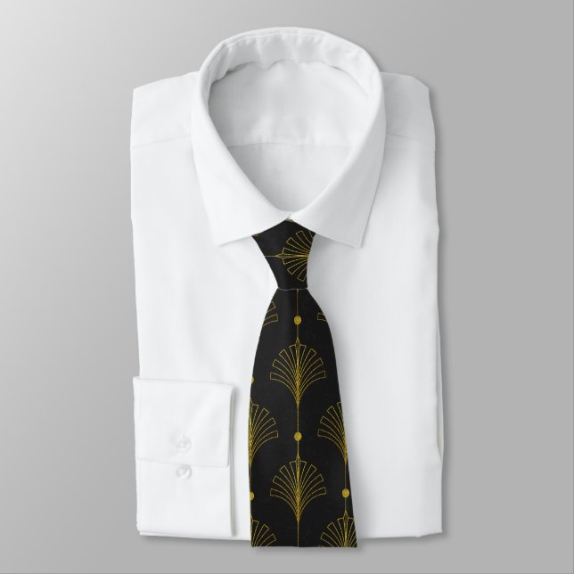 Gravata Leques Elegantes Art Deco em Preto e Dourado (Amarrado)