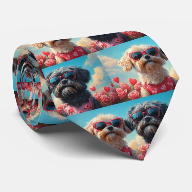 Gravata Lhasa Apso com Rosas do Coração Dia dos Namorados (Rolled)