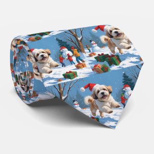 Gravata Lhasa Apso Correndo na Neve com Chapéu de Natal