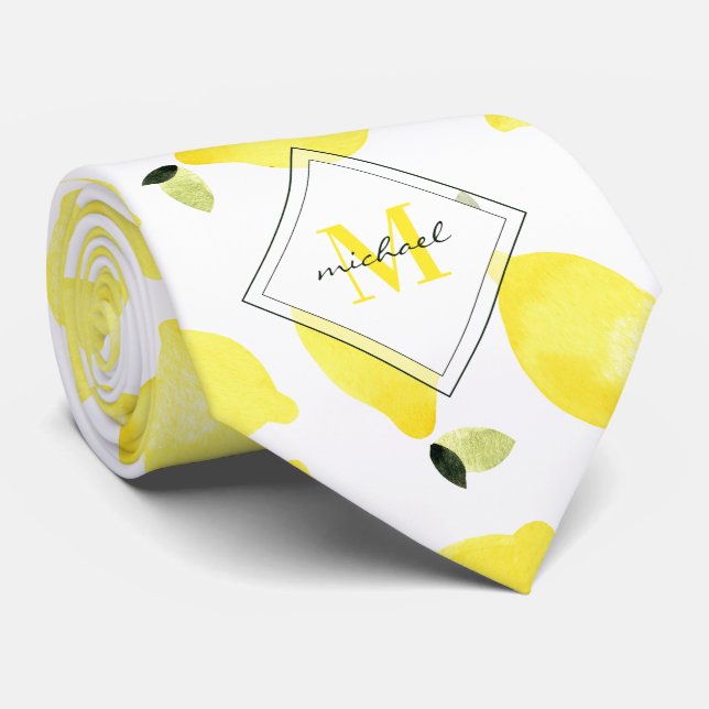 Gravata Limões Cheios Padrão Monograma Amarelo Nome Branco (Rolled)