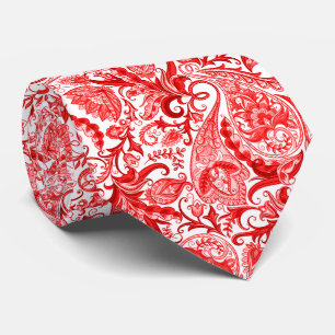 Gravata Lindo padrão de paisley floral branco e vermelho