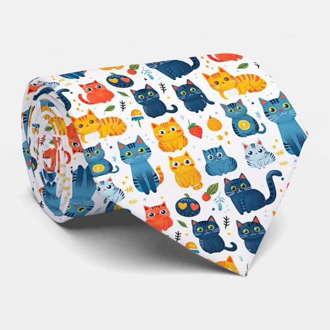 Gravata Lindos gatos kawaii brincando com brinquedos branc (Rolled)