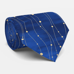 Gravata Linhas e Pontos Dourados Abstratos em Azul