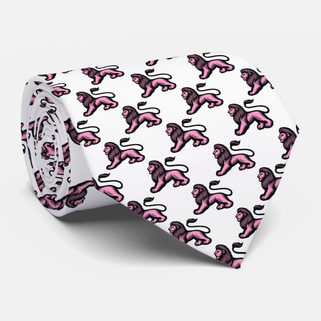 Gravata Lion Statant - Preto com Rosa em Branco (Rolled)