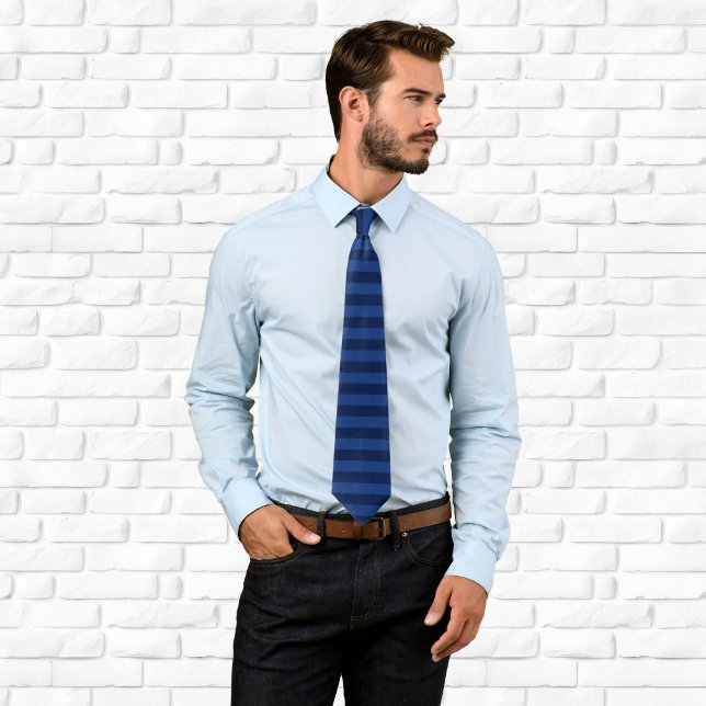 Gravata Listra Horizontal Azul Marinho e Azul Escuro (Navy and Dark Blue Horizontal Stripe Neck Tie)