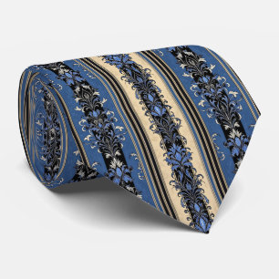 Gravata Listras de Damasco Azul e Dourado