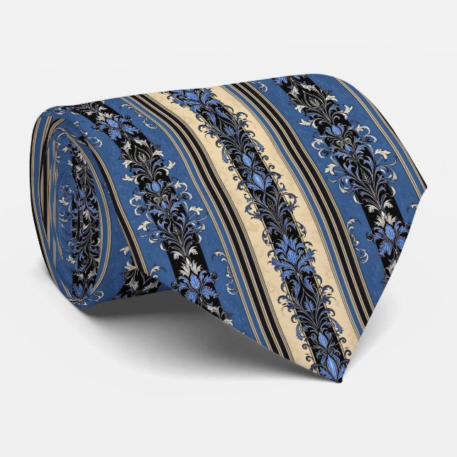 Gravata Listras de Damasco Azul e Dourado (Rolled)