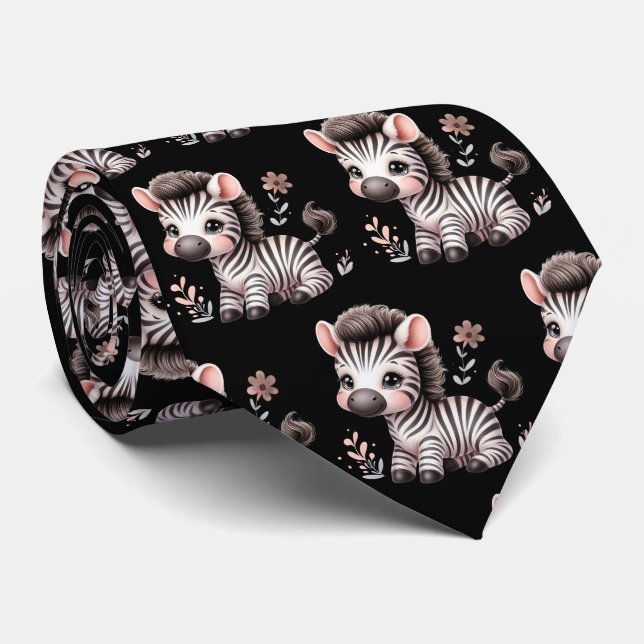 Gravata Listras Pretas e Brancas Zebras Kawaii Modernas Fo (Rolled)