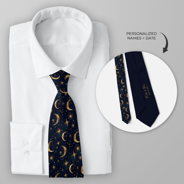 Gravata Lua Azul Celestial e Estrelas (Celestial Moon and Stars Wedding Necktie)