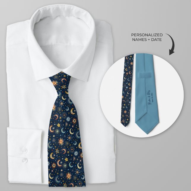 Gravata Lua Celestial e Estrelas Arte Foliar (Personalized Celestial Wedding Necktie for groom and  groomsmen.)